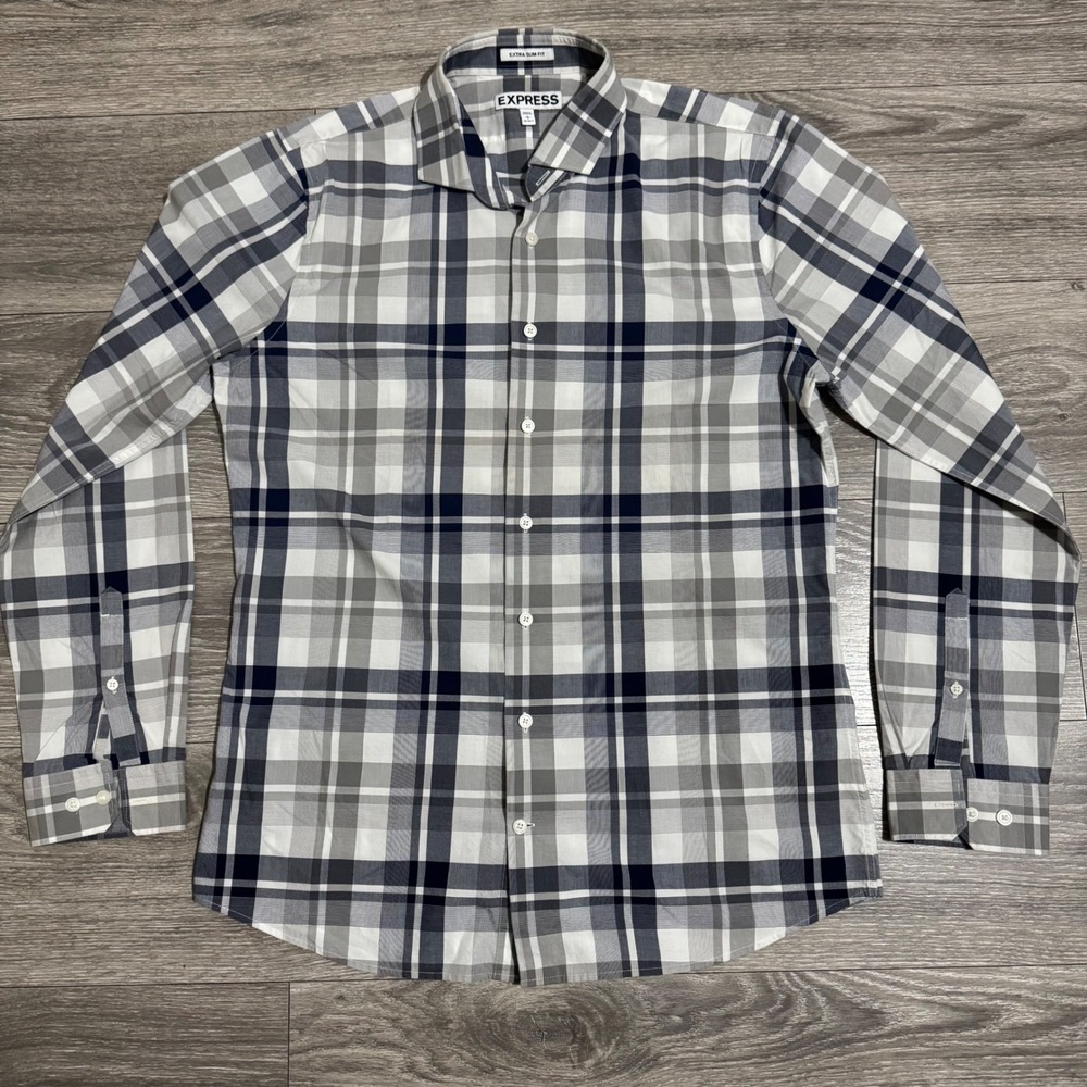Express Men Large Extra Slim‎ Fit Plaid Button Down Shirt Gray Navy Academia